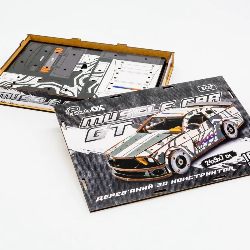 Дерев'яний 3D конструктор Muscle car GT 162 деталі (біла) 00639