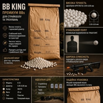 Кулі BB KING Normal 0.12 г 25 кг білі, страйкбольні кульки 6 мм