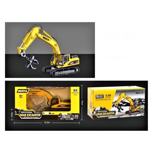 1713 Металевий екскаватор з грейфером HuiNa Toys 1:50, будівельна техніка, 10 см