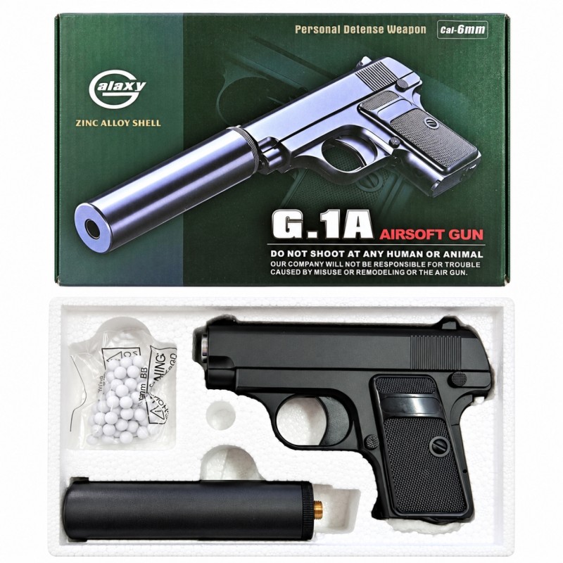 Страйкбольний металевий пістолет Galaxy G1A Colt 25, 6 мм, чорний, з імітатором глушника