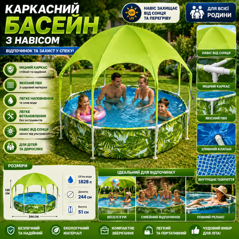 Каркасний басейн Bestway 56432 Splash-in-Shade 244 × 51 см з тентом і розпилювачем, 1688 л