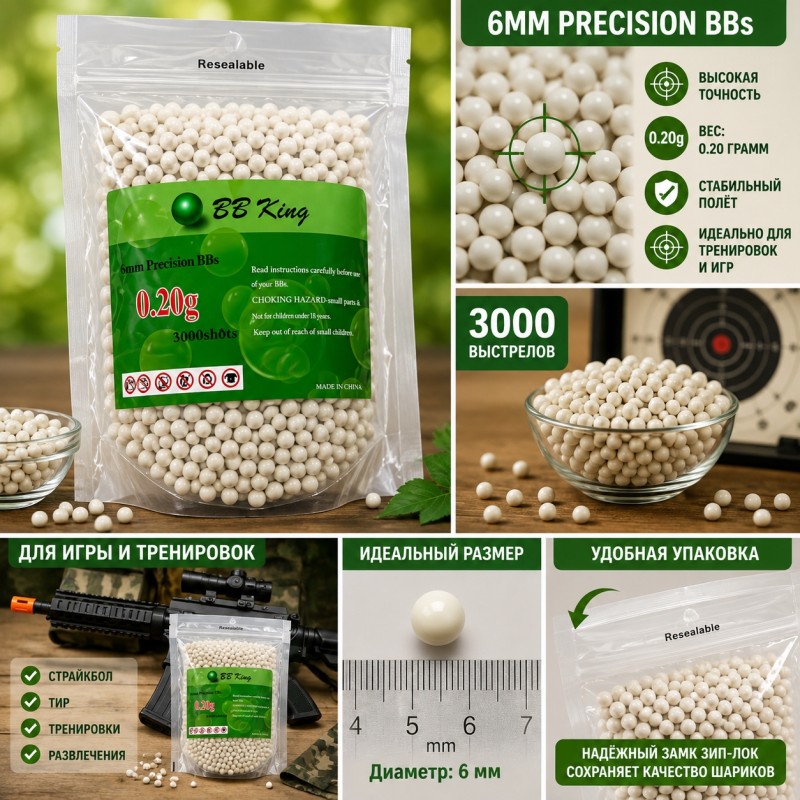 Кулі BB KING 0.20 г 2000 шт білі ABS, страйкбольні кульки 6 мм