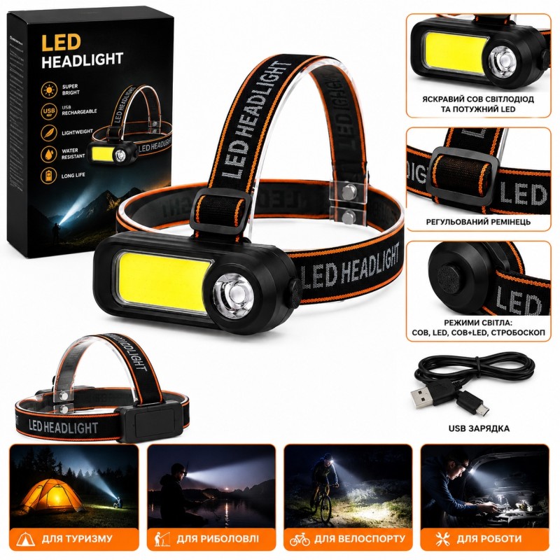 Налобний світлодіодний ліхтар KX-1707 акумуляторний, COB + LED