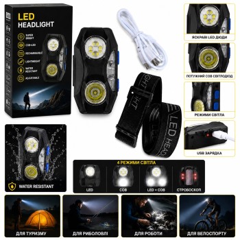 Налобний ліхтар BL-20208 COB USB акумуляторний, COB + OSL LED