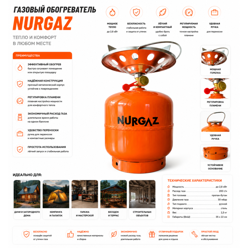 Кемпінговий газовий балон NURGAZ «Турист» 8 л, метал 3 мм, з пальником