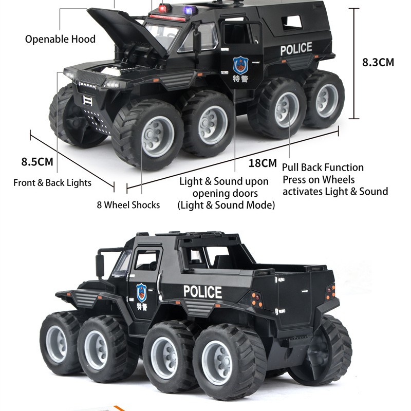 G458837-DC32452 1:32 SHAMAN POLICE CAR, 8x8 ATV, броньована модель автомобіля, підсвічування фар, реалістичні звуки