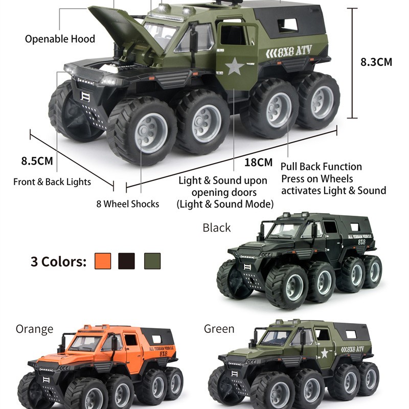 G458839-DC32352 SHAMANS CAR 1:32, 8x8 ATV, 3 кольори, підсвічування фар, реалістичні звуки