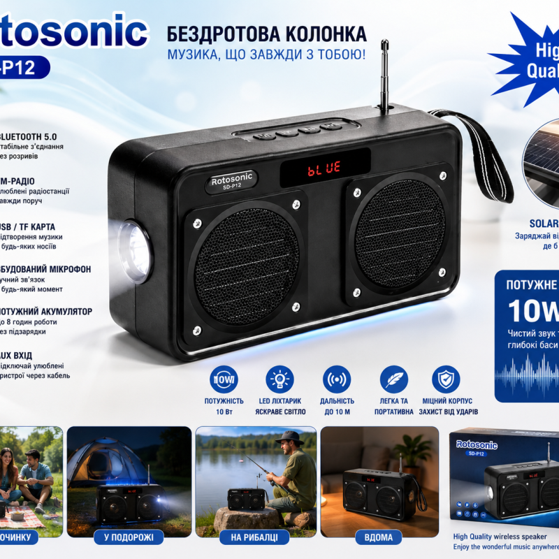 Радіо-ліхтарик SD-P12 з сонячною панеллю, Bluetooth та акумулятором