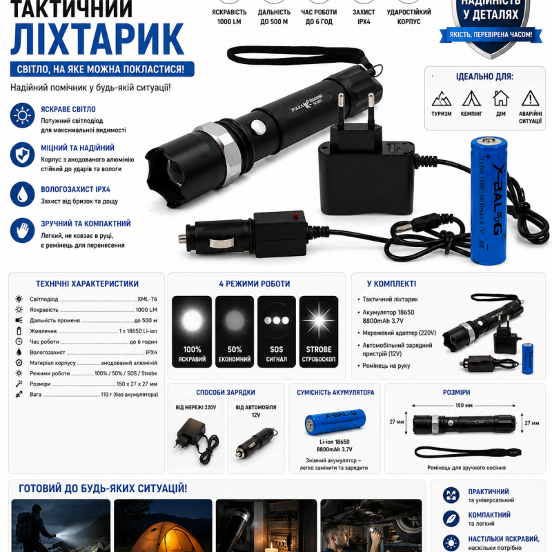 Ліхтарик Bailong Police BL-T8628 9900W акумуляторний