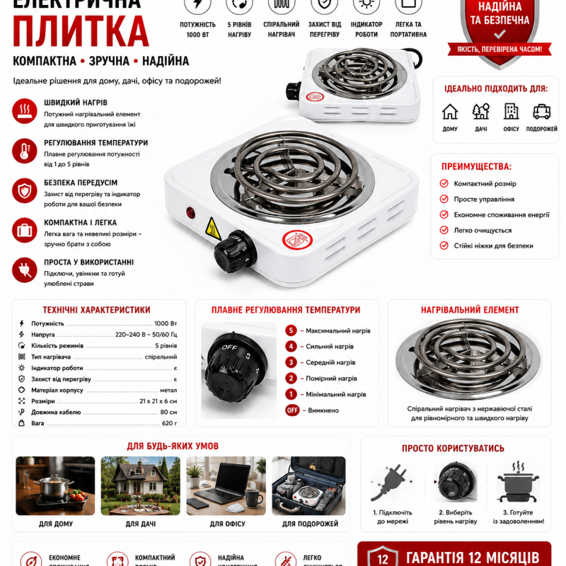 Електрична плита TOZK TO-1001 однокомфоркова 1000 Вт