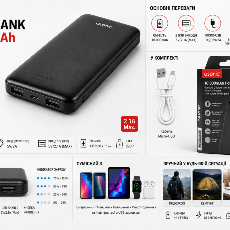 Повербанк Asonic AS-P10 M 10000mAh 2×USB Type-C
