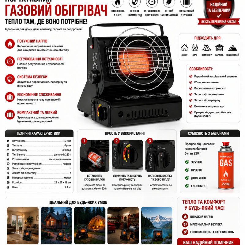Портативний газовий обігрівач Happy Home HH-808B з функцією плити