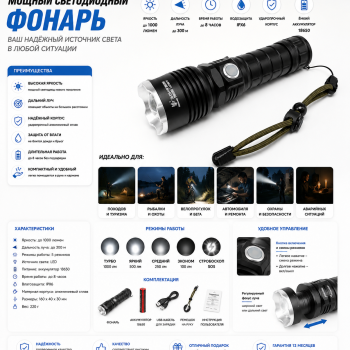 Тактичний ліхтар Police P57 USB акумуляторний, вологозахищений