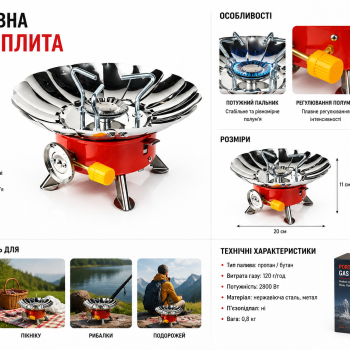 Туристична газова плита Kovar K-203 2,8 кВт з п'єзопідпалом та захистом від вітру