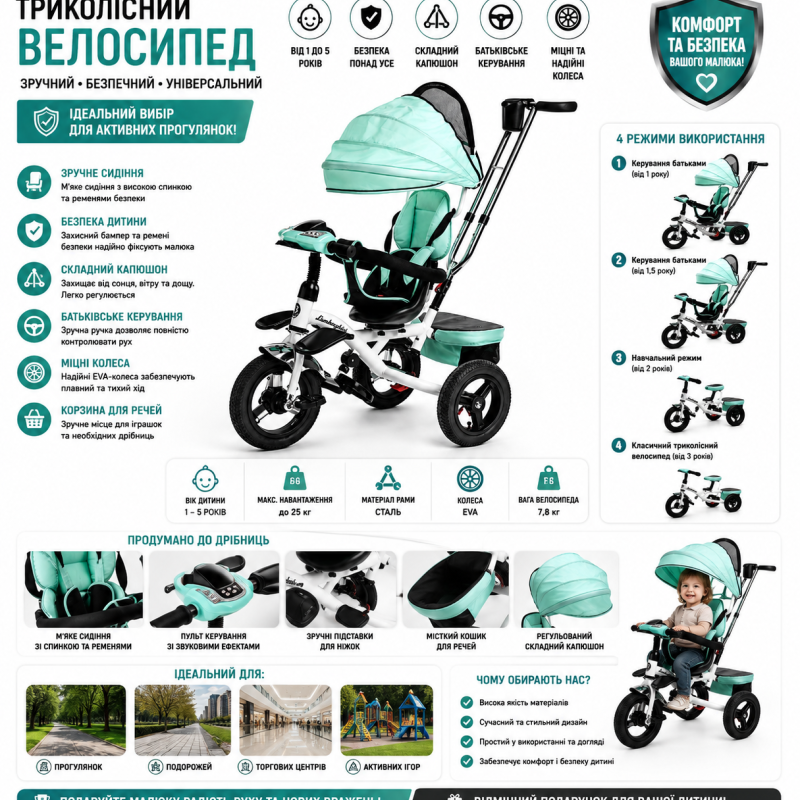 Дитячий триколісний велосипед Baby Trike 6699 C з поворотним сидінням та надувними колесами