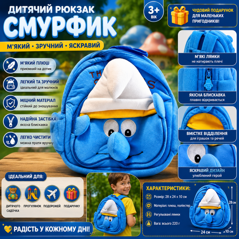М'яка іграшка-рюкзак «Смурфики» 1464, 28 см