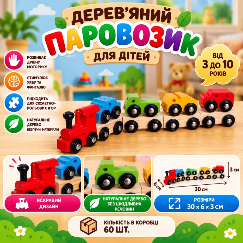 Дерев'яний паровозик для дітей, 30×6×3 см