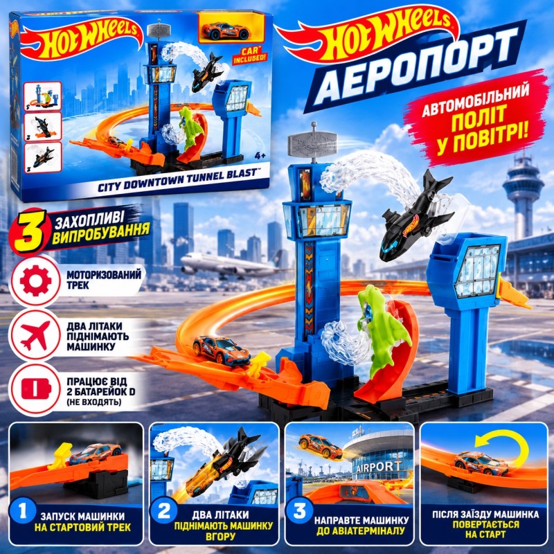 Ігровий трек Hot Wheels «Аеропорт» моторизований з літаками та машинкою, запуск автомобіля в повітря